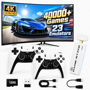 2026 upgraded retro gaming console, 40,000+ retro game stick, 23 emulators, 128gb built in classic video games, 4k hdmi plug and play tv gaming system, 2 wireless controllers for family entertainment